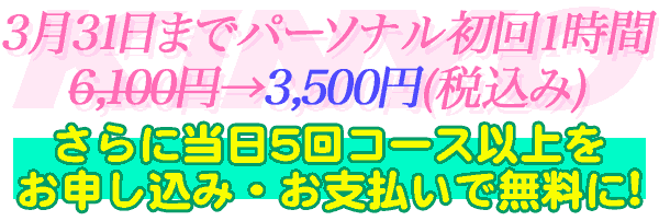 月6日まで総合コース初回1時間6,100円→3,500円(税込み)